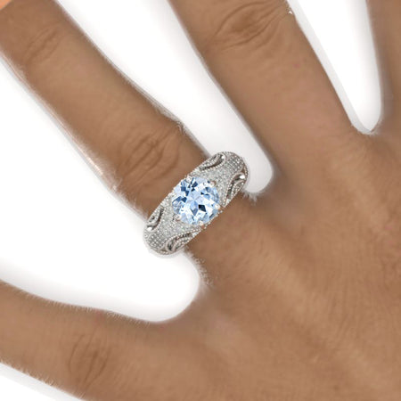 2 Carat Genuine Aquamarine Round Victorian Style Lace Shank Engagement Ring. Victorian 14K White Gold Ring