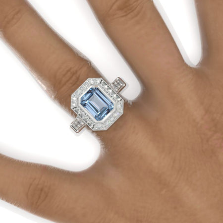 3 Carat Vintage Style Emerald Cut Genuine Aquamarine White Gold Engagement Ring