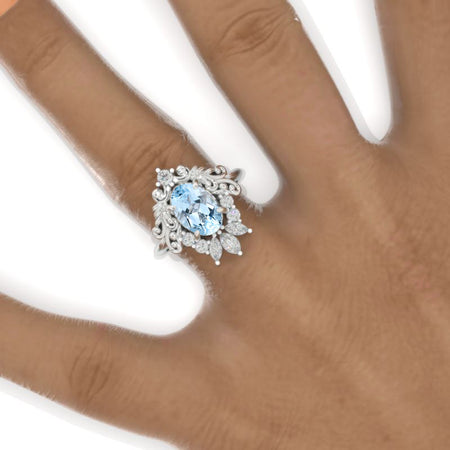 3 Carat Oval Genuine Aquamarine Halo Ornamental Engagement Ring