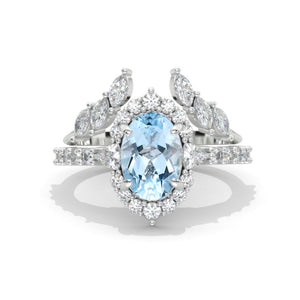 3 Carat Oval Genuine Aquamarine Halo Engagement Ring Eternity Ring Set