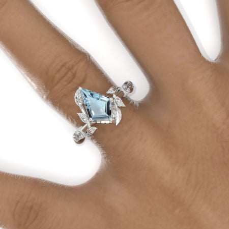 2.5 Carat Kite Genuine Aquamarine Twig Floral Leaf 14K White Gold Engagement Ring