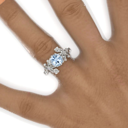 7mm Round Genuine Aquamarine Floral Victorian Style  Engagement Ring