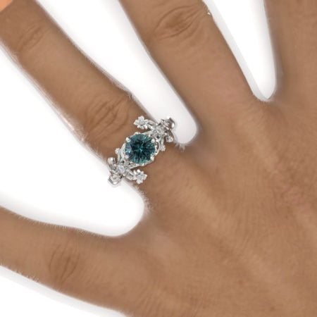 7mm Round Teal Sapphire Floral Victorian Style  Engagement Ring