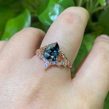 2 Carat Pear Shape Teal Sapphire Floral Gold Ring