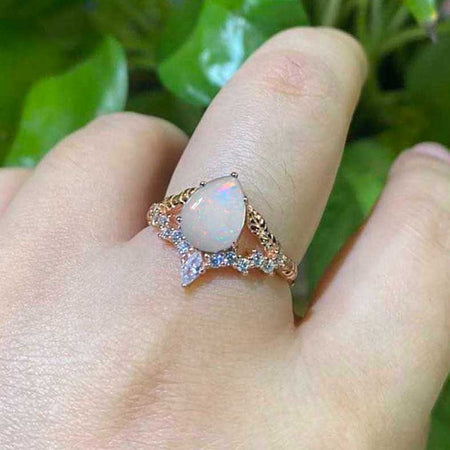 2 Carat Pear Shape White Opal Floral Gold Ring