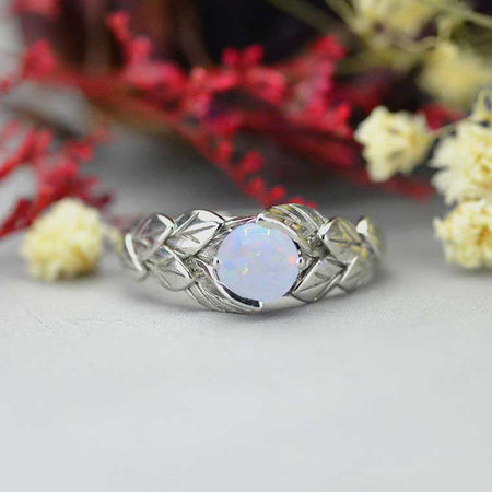 White Opal Floral Leaf Design 14K White Gold Engagement Ring