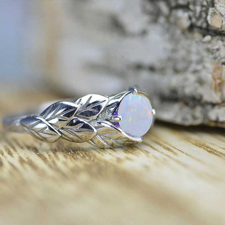 14K White Gold 1.0 Carat White Opal Leaf Engagement Ring-6mm Round