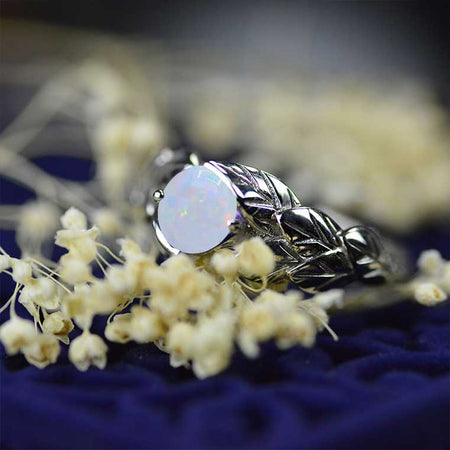 2 Carat White Opal Floral Leaf Engagement Ring