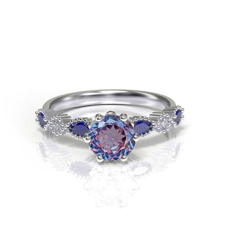 1.0 Carat Portuguese Cut Alexandrite and Sapphire White Gold Ring I 14K White  Gold- 6 Accent