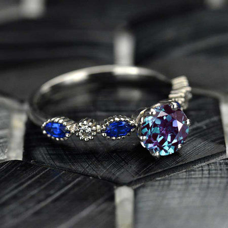 1.0 Carat Alexandrite and Sapphire White Gold Ring I 14K White  Gold- 6 Accent