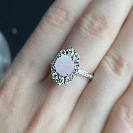 14K White Gold 2 Carat Round Genuine White Opal Halo Engagement Ring