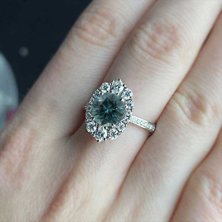 14K White Gold 2 Carat Round Teal Sapphire Halo Engagement Ring