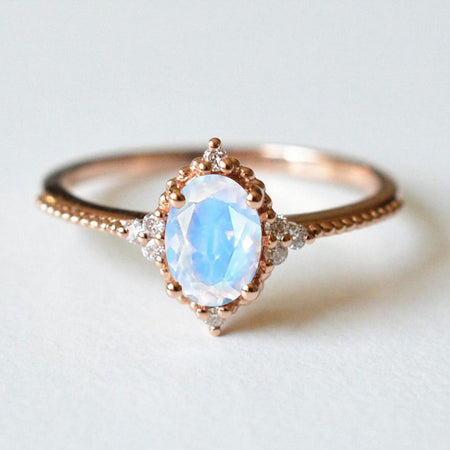 14K Solid Rose Gold Ring 2CT Oval Halo Genuine moonstone Wedding Ring Stone Engagement Ring Anniversary Ring