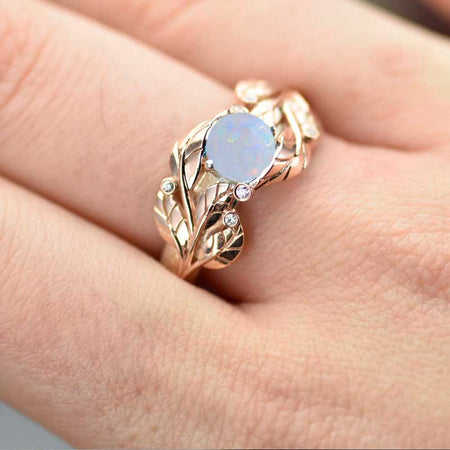 White Opal Leaf Engagement Ring 14K White