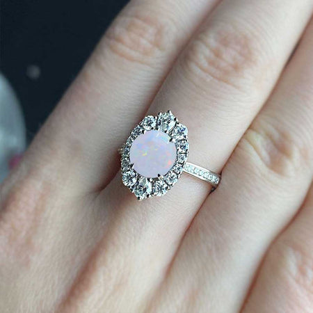 14K White Gold 2 Carat Round White Opal Halo Engagement Ring