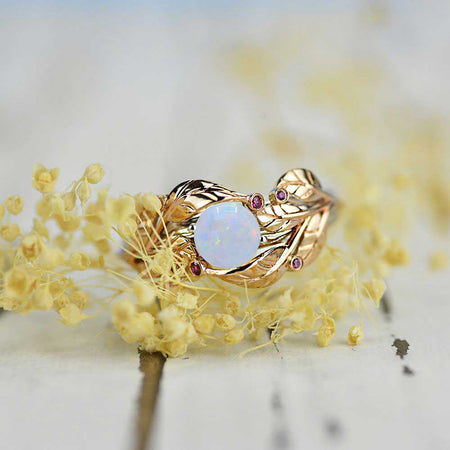 Floral White Opal Engagement Ring 14K Rose and White Gold-6 Genuine Ruby Accents