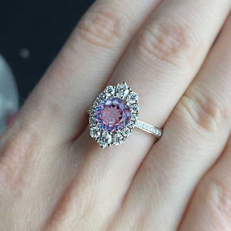 14K White Gold 2 Carat Round Portuguese Cut Alexandrite Halo Engagement Ring