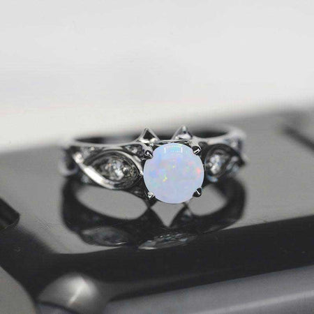 1 Carat Genuine White Opal 14K Black Gold Celtic Engagement Ring