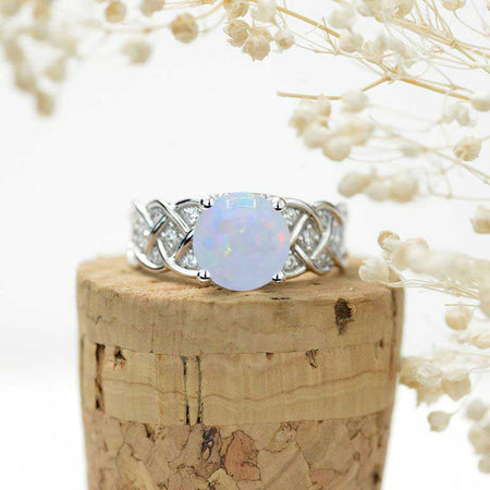 2.0 Carat White Opal Celtic Lattice Engagement White Gold Ring