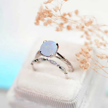 2 Carat White Opal Engagement Eternity Gold Rings Set