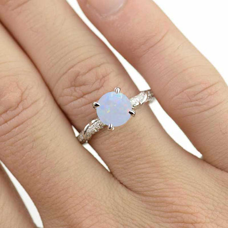 2.0 Carat White Opal Engagement Ring-58 round accents  0.4 TCW 14K White Gold