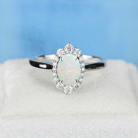 14K White Gold 2 Carat Oval White Opal Halo Engagement Ring