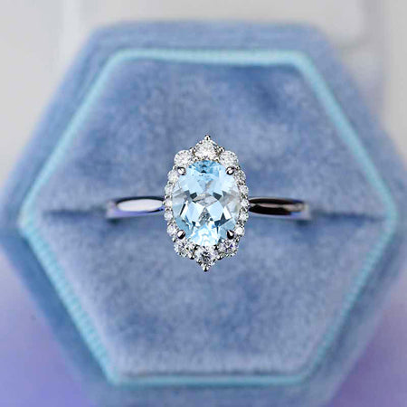 14K White Gold 2 Carat Oval Natural Aquamarine Halo Engagement Ring Set