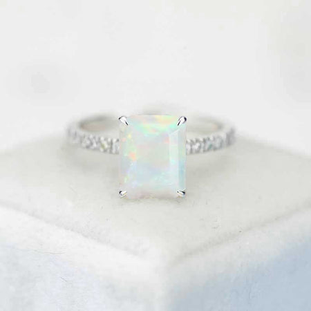 2 Carat White Opal Emerald Cut Halo White Gold Engagement Ring