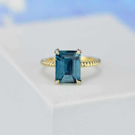 3Ct Teal Sapphire Engagement Ring, Radiant Cut Teal Sapphire Yellow Gold Engagement Ring