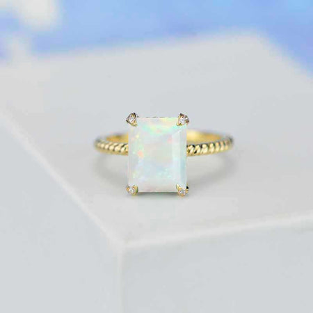 3Ct Genuine White Opal Engagement Ring, Radiant Cut Genuine White Opal Yellow Gold Engagement Ring