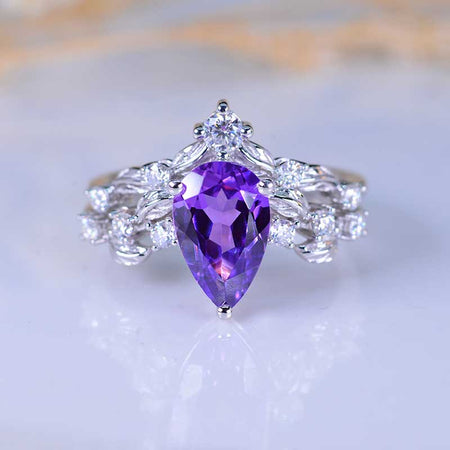 3 Carat Pear Purple Sapphire Halo Floral Engagement 14K White Gold  Ring Eternity Ring Set