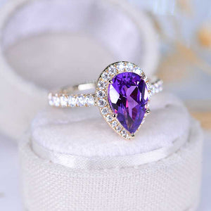 14K Solid White Gold 3 Carat Halo Pear Cut Lavender Purple Sapphire Ring