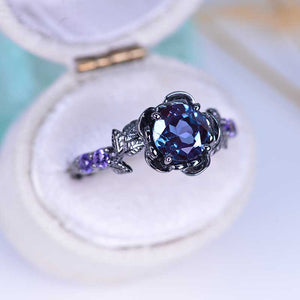 1.5 Carat Round Alexandrite Floral Halo Black Gold Engagement Ring