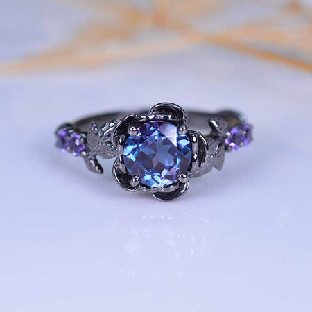 1.5 Carat Round Alexandrite Floral Halo Black Gold Engagement Ring