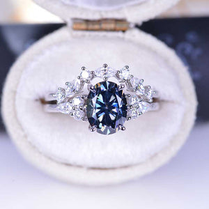 2 Carat Oval Gray Moissanite Halo Vintage Engagement Ring, Eternity Ring Set