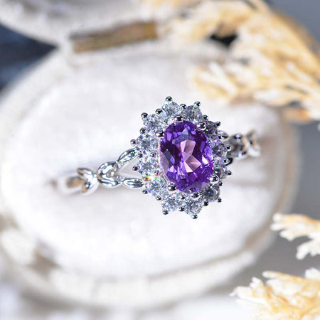 Oval Purple Sapphire Halo Floral Celtic Engagement Ring 14K White Gold Ring