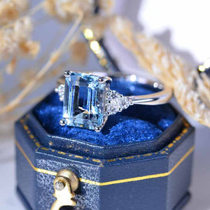 3Ct Emerald cut Aquamarine ring, Aquamarine solitaire ring, natural aquamarine ring, genuine aquamarine emerald cut vintage ring