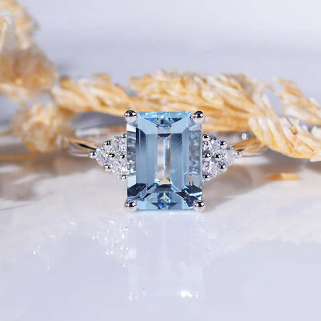 3Ct Emerald cut Aquamarine ring, Aquamarine solitaire ring, natural aquamarine ring, genuine aquamarine emerald cut vintage ring