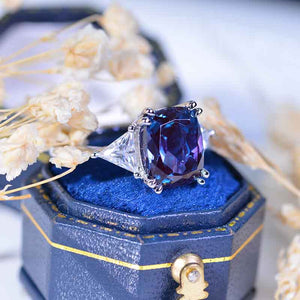 4 Carat Cushion Alexandrite Tri-Stone 14K White Gold  Engagement Ring