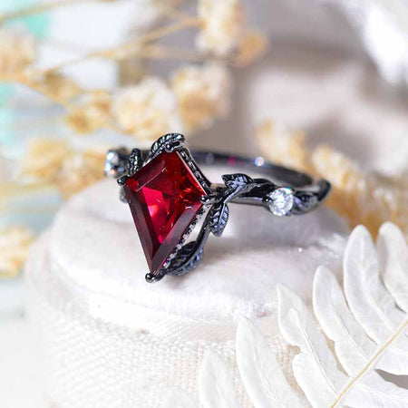 2.5 Carat Kite Ruby Twig Floral Leaf 14K Black Gold Engagement Ring