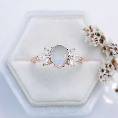 Pear Shaped Genuine White Opal Engagement Ring. Vintage Unique Marquise Cut Cluster Engagement Ring