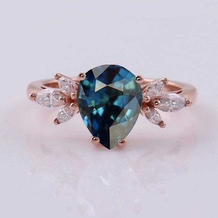 Pear Shaped Teal Sapphire Engagement Ring. Vintage Unique Marquise Cut Cluster Engagement Ring