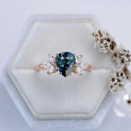 2 Carat Pear Shaped Teal Sapphire Engagement Ring. Vintage Unique Marquise Cut Cluster Engagement Ring