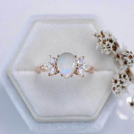 2 Carat Pear Shaped Genuine White Opal Engagement Ring. Vintage Unique Marquise Cut Cluster Engagement Ring