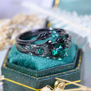 14K Black Gold Emerald Celtic Engagement Ring Set