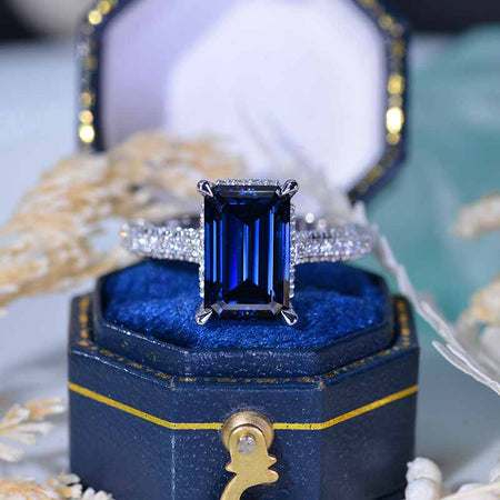 4 Carat Emerald Cut Dark Gray-Blue Moissanite Platinum Ring with Diamond Accents