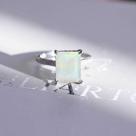 4 Carat  Emerald Cut  White Opal Stone Gold Ring