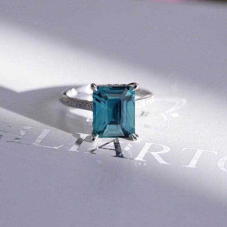 4 Carat Emerald Cut Teal Sapphire Stone Gold Ring