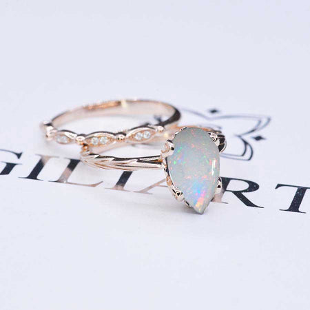 3 Carat Pear Shaped Genuine White Opal Engagement Eternity Rose Gold Ring Set