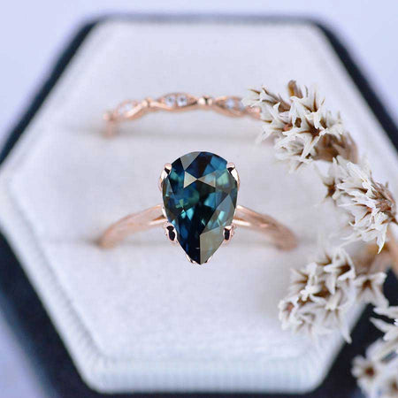 3 Carat Pear Shaped Teal Sapphire Engagement Eternity Rose Gold Ring Set